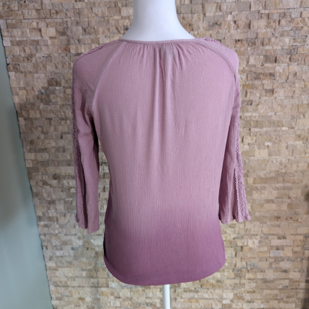 Purple Ombre Tassel Tie Neck Peasant Boho Top Blouse Sz M Festival Summer Spring image 2